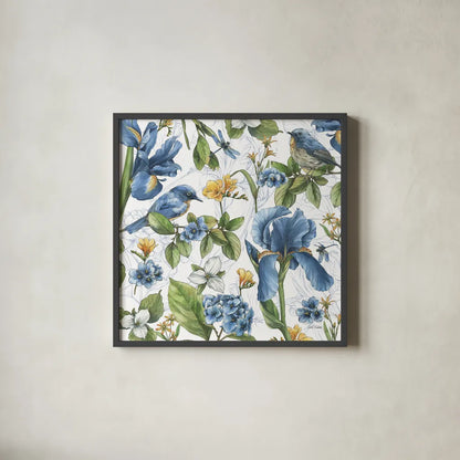 Blue Botanica VI by Leslie Trimbach. Shown in a sleek black glass frame for a contemporary gallery look. Available as an archival giclee rolled canvas, fine art paper, or poster print. SKU 100419a.
