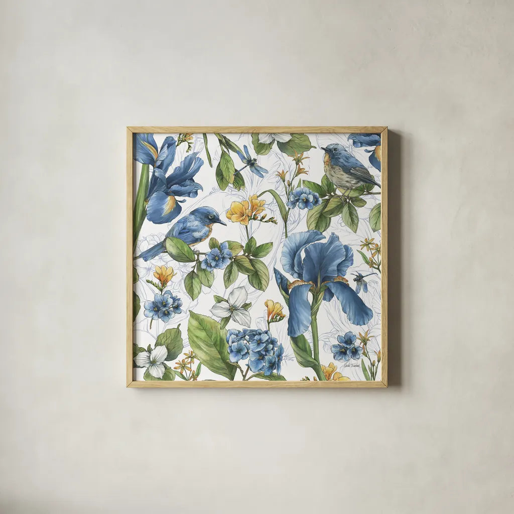 Blue Botanica VI by Leslie Trimbach. Shown in a natural wood glass frame for a timeless modern aesthetic. Available as an archival giclee rolled canvas, fine art paper, or poster print. SKU 100419a.