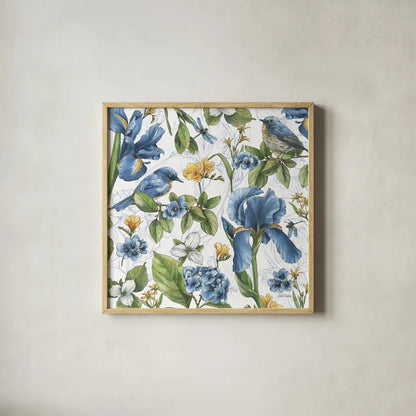 Blue Botanica VI by Leslie Trimbach. Shown in a natural wood glass frame for a timeless modern aesthetic. Available as an archival giclee rolled canvas, fine art paper, or poster print. SKU 100419a.