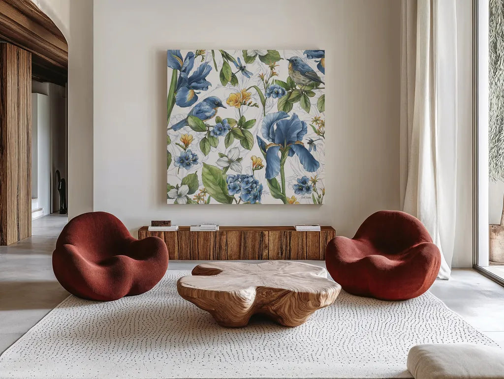 Blue Botanica VI by Leslie Trimbach. Shown as extra-large giant wall art in a modern living room. Available as an archival giclee rolled canvas, fine art paper, or poster print. SKU 100419a.
