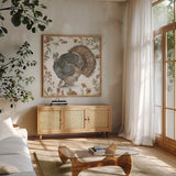 Bountiful Harvest I by Leslie Trimbach. Shown in a natural wood frame in a cozy modern living room. Available as an archival giclee rolled canvas, fine art paper, or poster print. SKU 91336a.