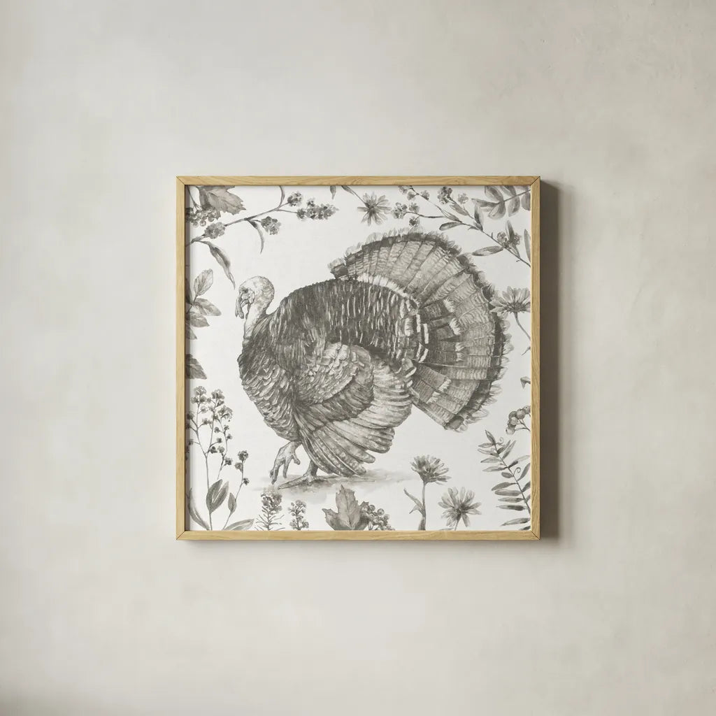 Bountiful Harvest I Sketch by Leslie Trimbach. Shown in a natural wood glass frame for a timeless modern aesthetic. Available as an archival giclee rolled canvas, fine art paper, or poster print. SKU 91341a.