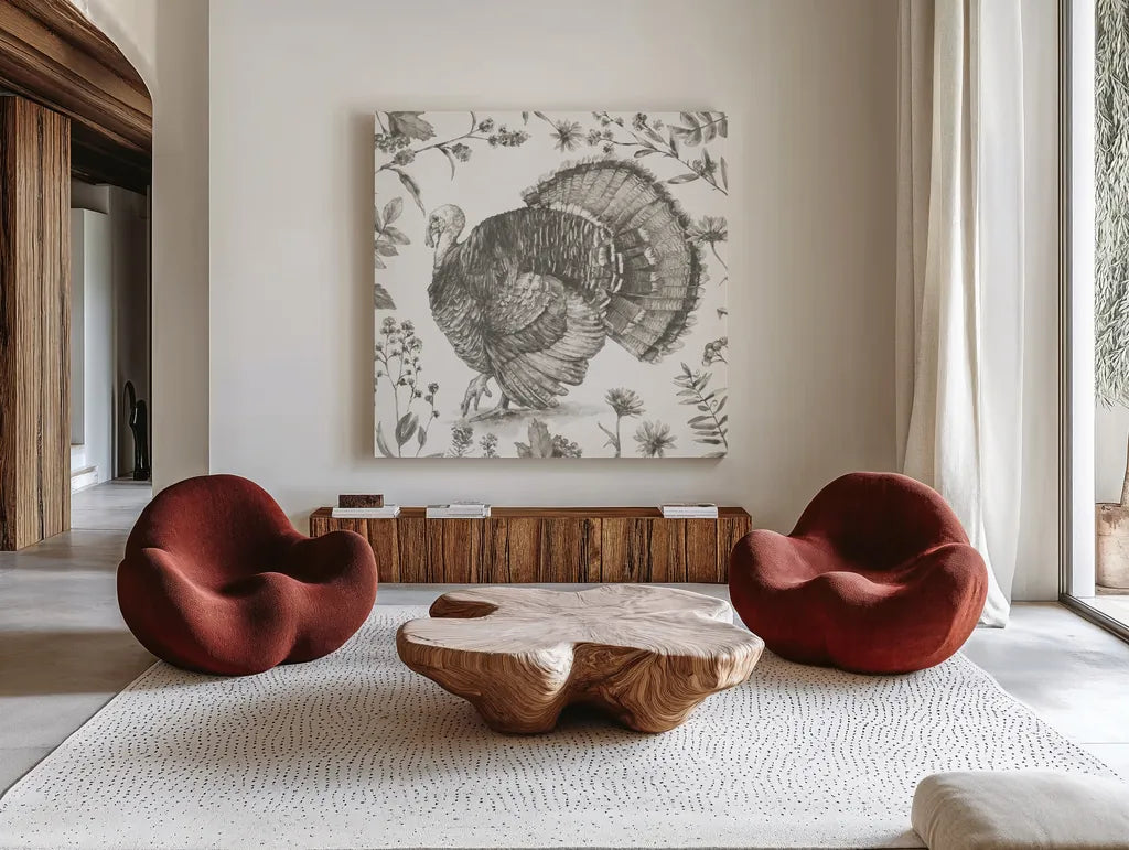 Bountiful Harvest I Sketch by Leslie Trimbach. Shown as extra-large giant wall art in a modern living room. Available as an archival giclee rolled canvas, fine art paper, or poster print. SKU 91341a.