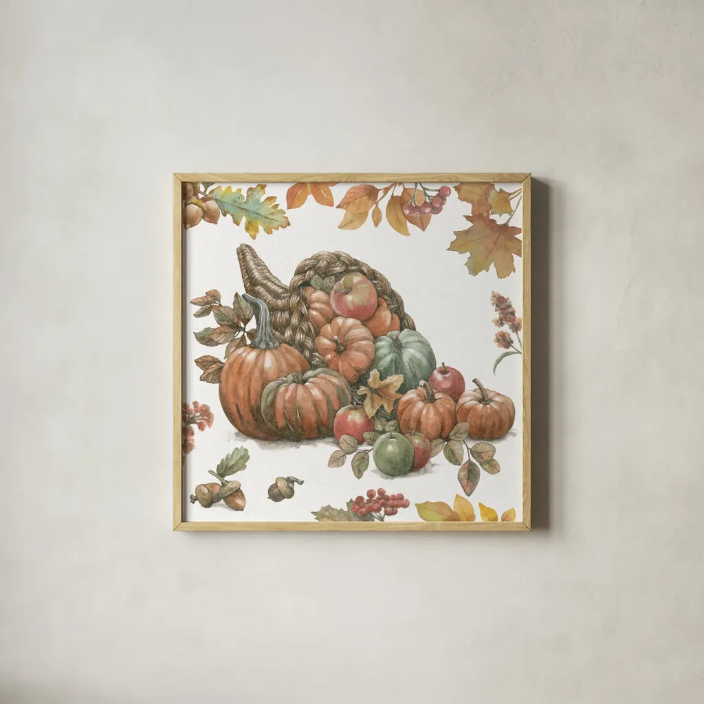 Bountiful Harvest III by Leslie Trimbach. Shown in a natural wood glass frame for a timeless modern aesthetic. Available as an archival giclee rolled canvas, fine art paper, or poster print. SKU 91338a.