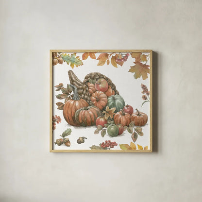 Bountiful Harvest III by Leslie Trimbach. Shown in a natural wood glass frame for a timeless modern aesthetic. Available as an archival giclee rolled canvas, fine art paper, or poster print. SKU 91338a.