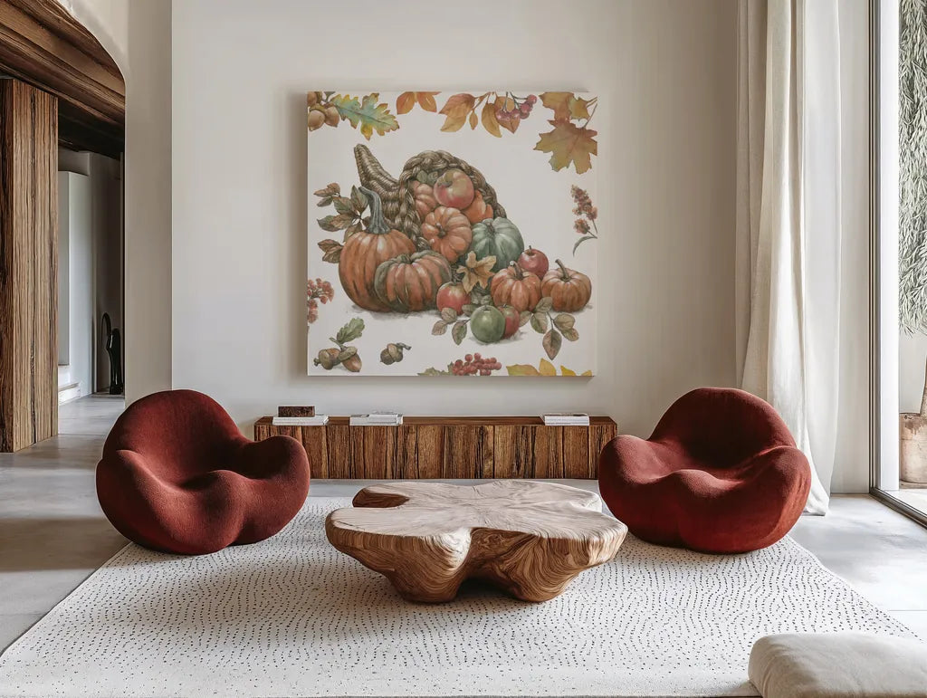 Bountiful Harvest III by Leslie Trimbach. Shown as extra-large giant wall art in a modern living room. Available as an archival giclee rolled canvas, fine art paper, or poster print. SKU 91338a.