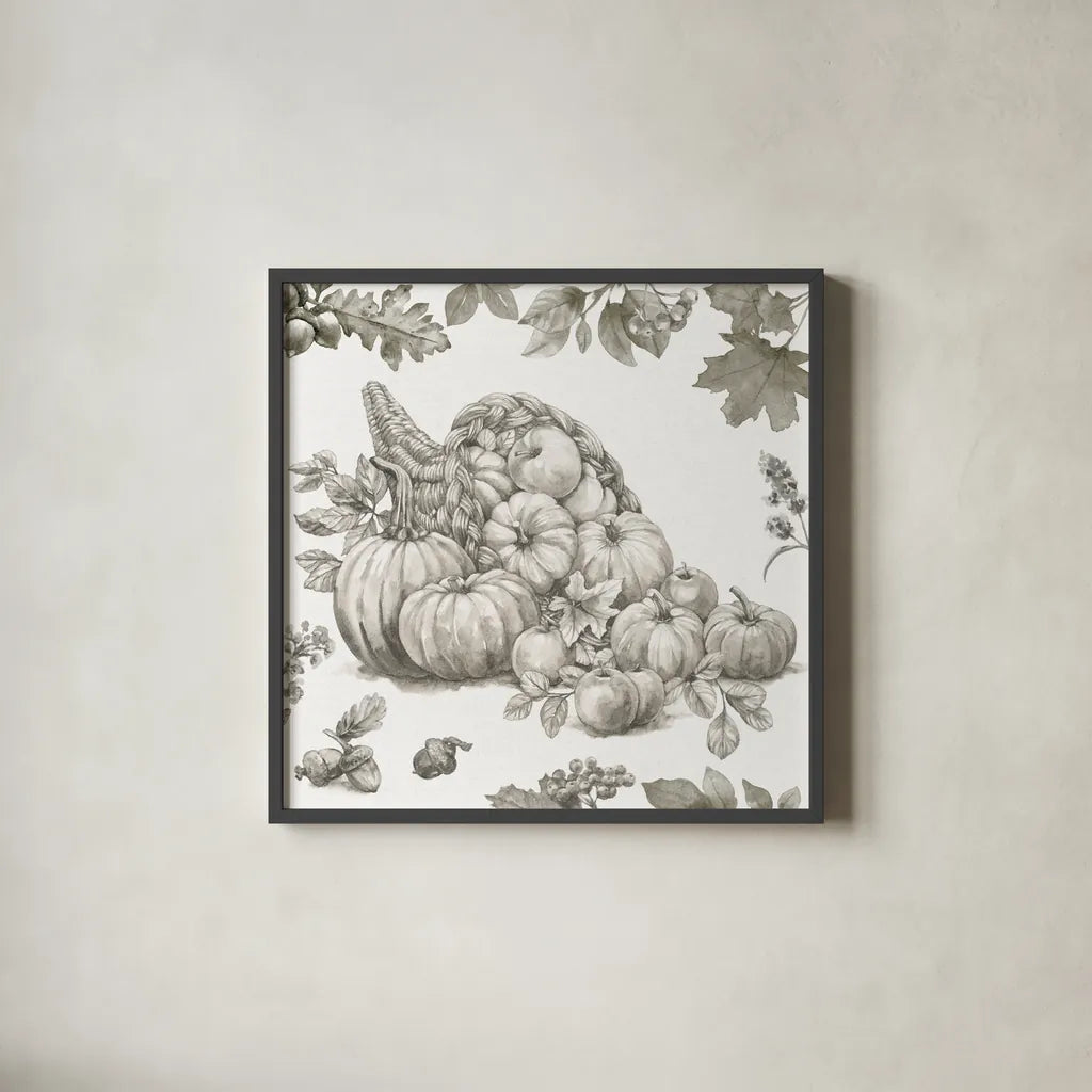 Bountiful Harvest III Sketch by Leslie Trimbach. Shown in a sleek black glass frame for a contemporary gallery look. Available as an archival giclee rolled canvas, fine art paper, or poster print. SKU 91343a.