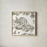Bountiful Harvest III Sketch by Leslie Trimbach. Shown in a natural wood glass frame for a timeless modern aesthetic. Available as an archival giclee rolled canvas, fine art paper, or poster print. SKU 91343a.
