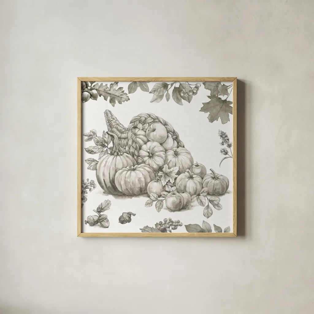 Bountiful Harvest III Sketch by Leslie Trimbach. Shown in a natural wood glass frame for a timeless modern aesthetic. Available as an archival giclee rolled canvas, fine art paper, or poster print. SKU 91343a.