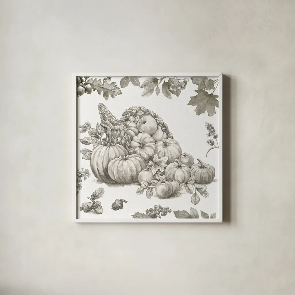 Bountiful Harvest III Sketch by Leslie Trimbach. Shown in a crisp white glass frame for a clean and minimalist style. Available as an archival giclee rolled canvas, fine art paper, or poster print. SKU 91343a.