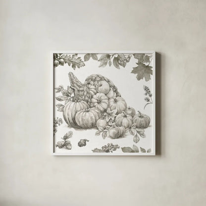 Bountiful Harvest III Sketch by Leslie Trimbach. Shown in a crisp white glass frame for a clean and minimalist style. Available as an archival giclee rolled canvas, fine art paper, or poster print. SKU 91343a.