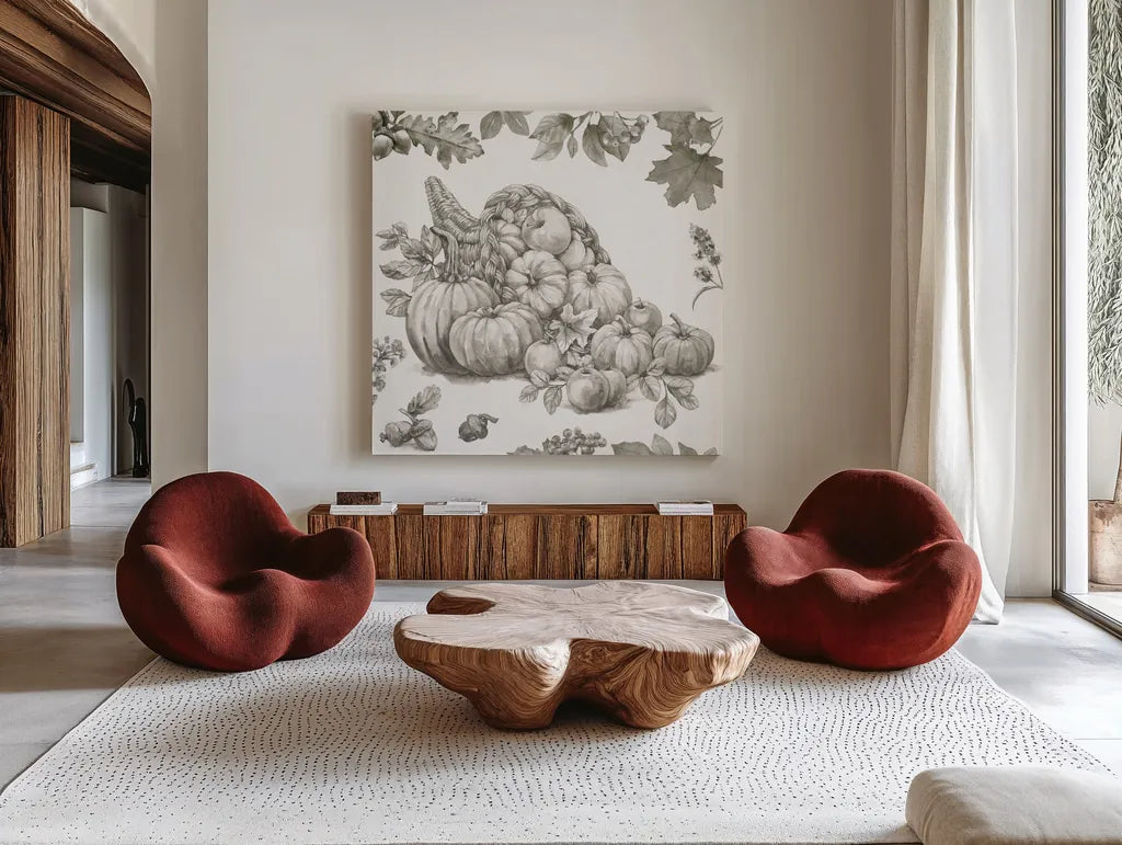 Bountiful Harvest III Sketch by Leslie Trimbach. Shown as extra-large giant wall art in a modern living room. Available as an archival giclee rolled canvas, fine art paper, or poster print. SKU 91343a.