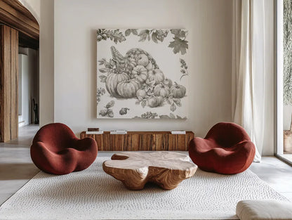 Bountiful Harvest III Sketch by Leslie Trimbach. Shown as extra-large giant wall art in a modern living room. Available as an archival giclee rolled canvas, fine art paper, or poster print. SKU 91343a.