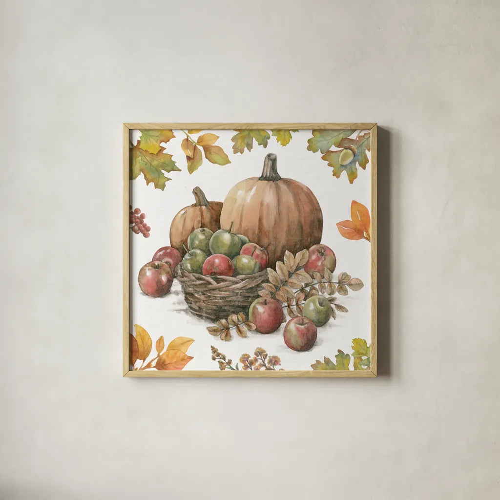 Bountiful Harvest IV by Leslie Trimbach. Shown in a natural wood glass frame for a timeless modern aesthetic. Available as an archival giclee rolled canvas, fine art paper, or poster print. SKU 91339a.