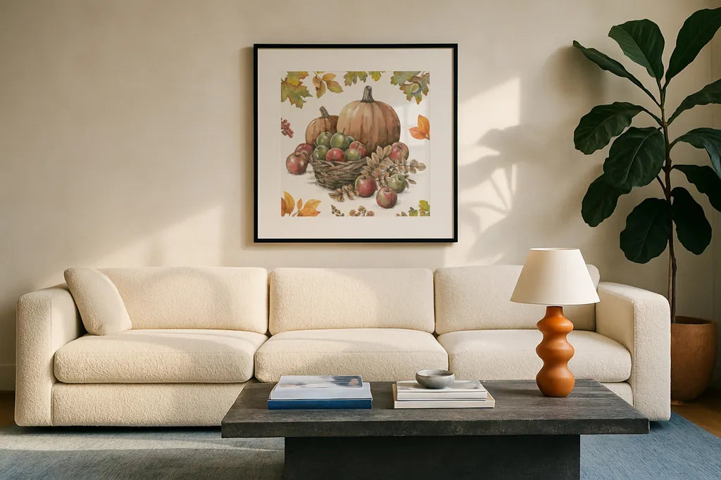 Bountiful Harvest IV by Leslie Trimbach. Displayed in a glass frame with matte in a clean modern living room. Available as an archival giclee rolled canvas, fine art paper, or poster print. SKU 91339a.