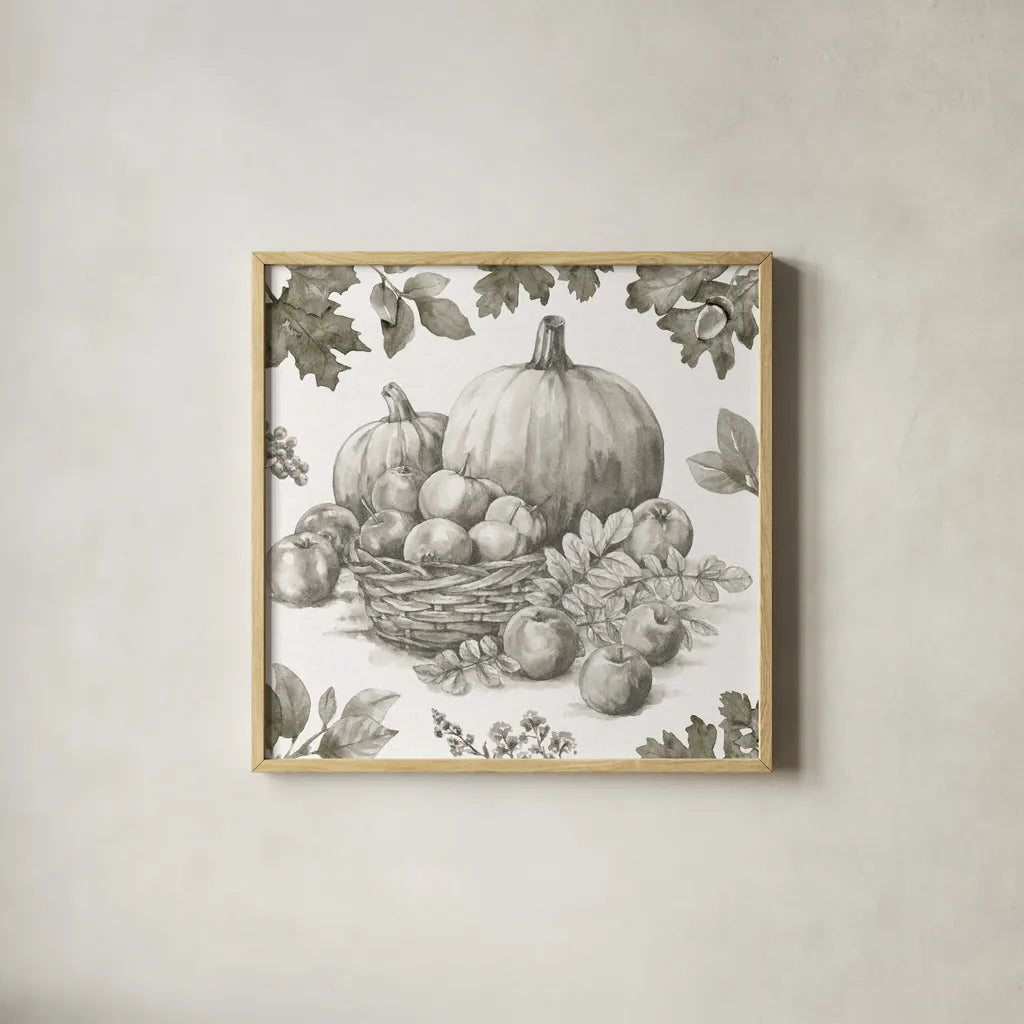 Bountiful Harvest IV Sketch by Leslie Trimbach. Shown in a natural wood glass frame for a timeless modern aesthetic. Available as an archival giclee rolled canvas, fine art paper, or poster print. SKU 91344a.