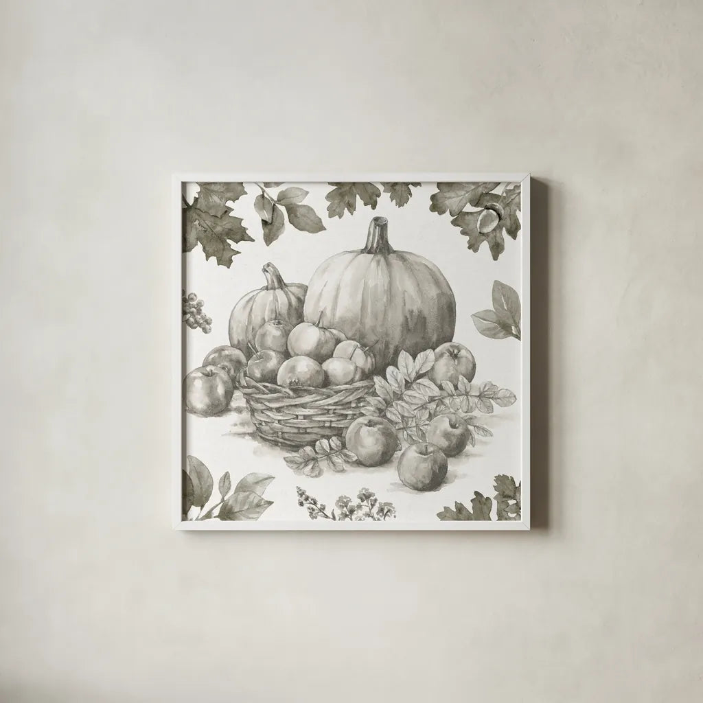 Bountiful Harvest IV Sketch by Leslie Trimbach. Shown in a crisp white glass frame for a clean and minimalist style. Available as an archival giclee rolled canvas, fine art paper, or poster print. SKU 91344a.