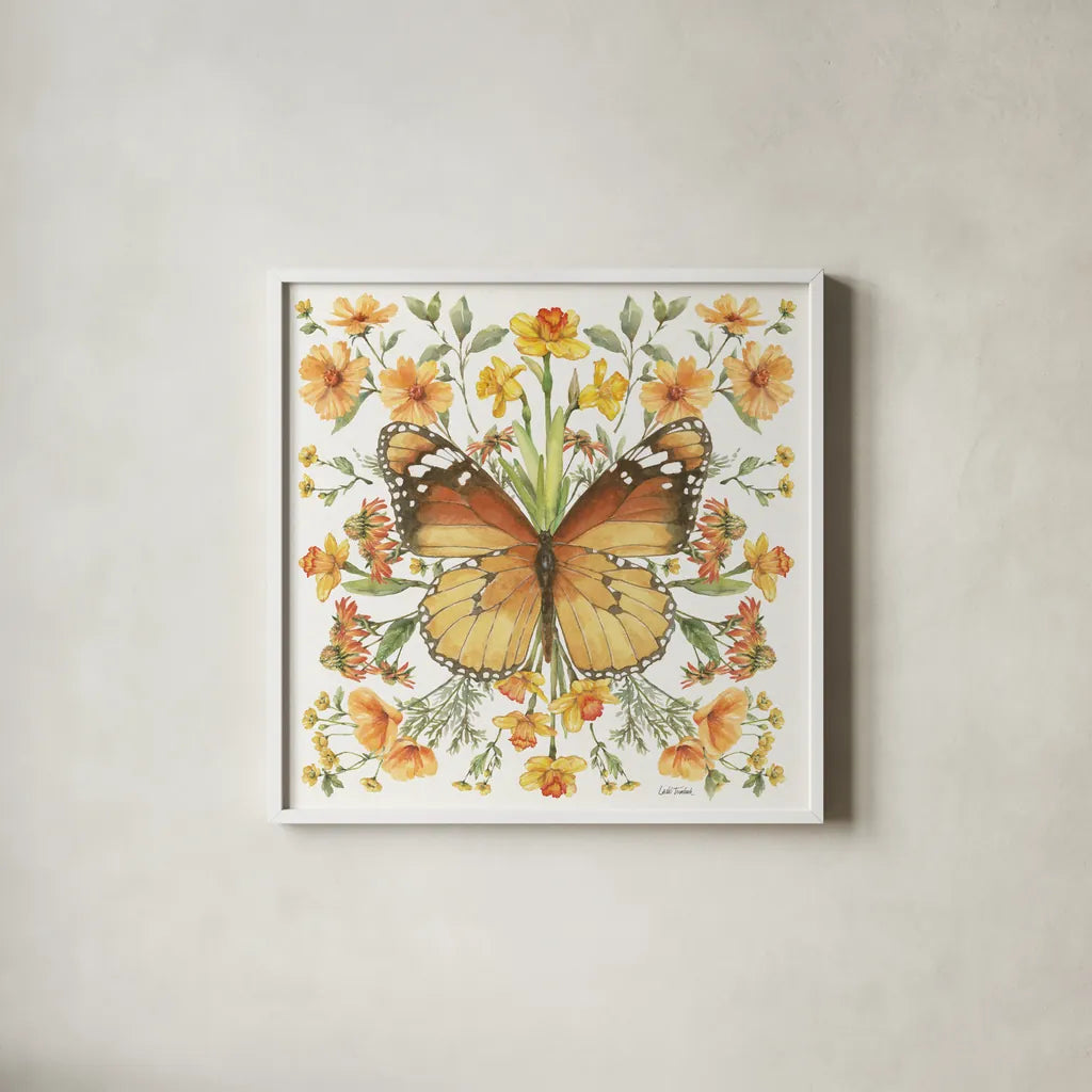 Butterfly Art II by Leslie Trimbach. Shown in a crisp white glass frame for a clean and minimalist style. Available as an archival giclee rolled canvas, fine art paper, or poster print. SKU 101192a.