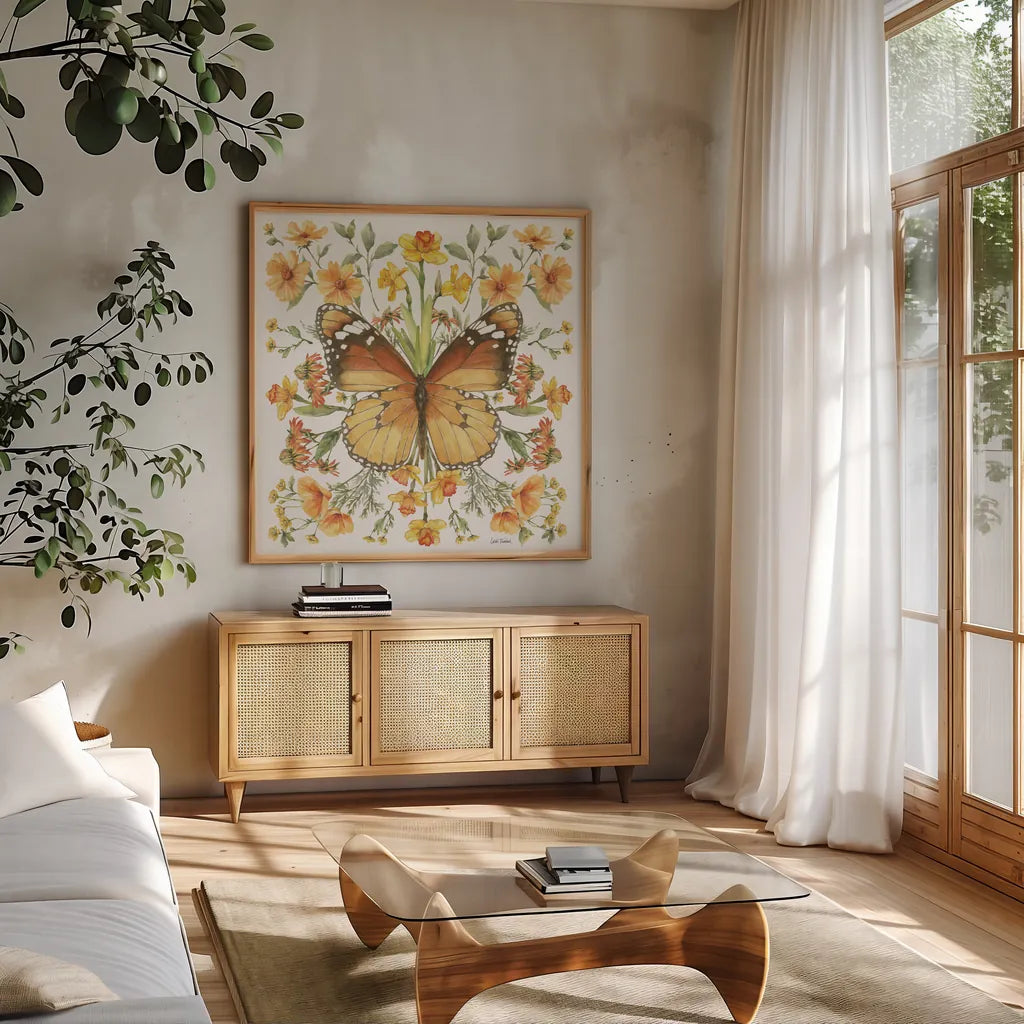 Butterfly Art II by Leslie Trimbach. Shown in a natural wood frame in a cozy modern living room. Available as an archival giclee rolled canvas, fine art paper, or poster print. SKU 101192a.