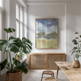 Cape Cod Abstract by Leslie Trimbach. shown as a print in a natural wood frame in a dining room. Available as a archival giclee rolled canvas, fine art paper, or poster print. SKU 86624h.