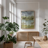 Cape Cod Abstract Honeybloom II by Leslie Trimbach. shown as a print in a natural wood frame in a dining room. Available as a archival giclee rolled canvas, fine art paper, or poster print. SKU 92697h.