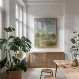 Cape Cod Abstract Honeybloom III by Leslie Trimbach. shown as a print in a natural wood frame in a dining room. Available as a archival giclee rolled canvas, fine art paper, or poster print. SKU 92698h.