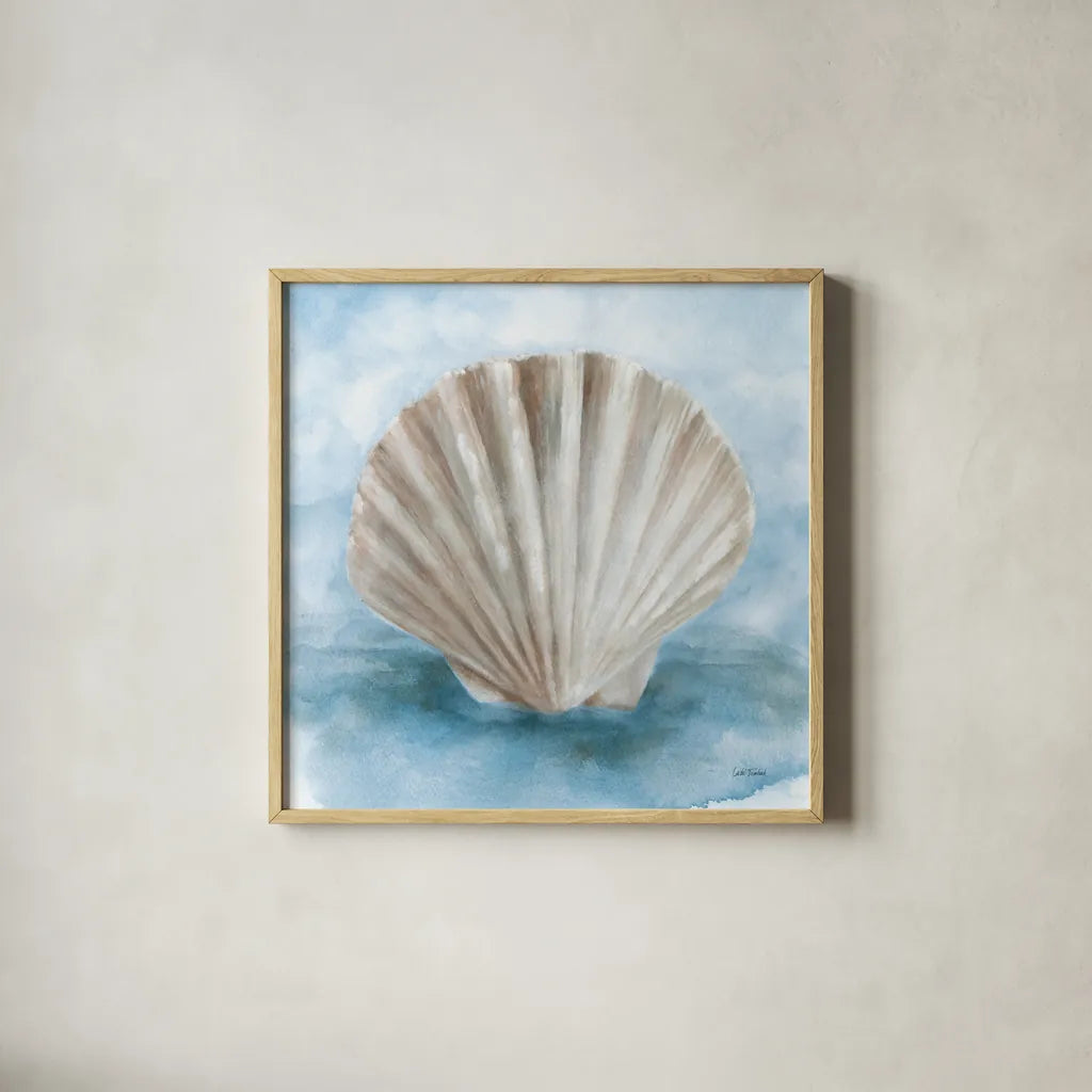 Coastal Calm II by Leslie Trimbach. Shown in a natural wood glass frame for a timeless modern aesthetic. Available as an archival giclee rolled canvas, fine art paper, or poster print. SKU 102013a.