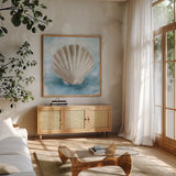 Coastal Calm II by Leslie Trimbach. Shown in a natural wood frame in a cozy modern living room. Available as an archival giclee rolled canvas, fine art paper, or poster print. SKU 102013a.