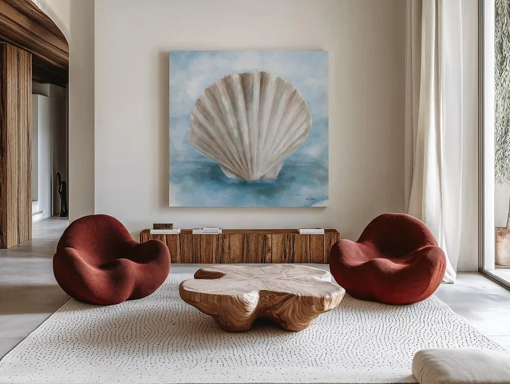 Coastal Calm II by Leslie Trimbach. Shown as extra-large giant wall art in a modern living room. Available as an archival giclee rolled canvas, fine art paper, or poster print. SKU 102013a.