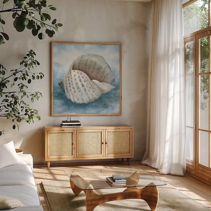 Coastal Calm III by Leslie Trimbach. Shown in a natural wood frame in a cozy modern living room. Available as an archival giclee rolled canvas, fine art paper, or poster print. SKU 102014a.