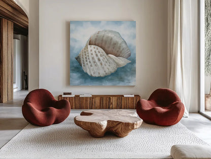 Coastal Calm III by Leslie Trimbach. Shown as extra-large giant wall art in a modern living room. Available as an archival giclee rolled canvas, fine art paper, or poster print. SKU 102014a.