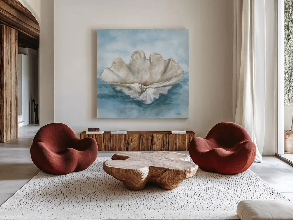 Coastal Calm IV by Leslie Trimbach. Shown as extra-large giant wall art in a modern living room. Available as an archival giclee rolled canvas, fine art paper, or poster print. SKU 102015a.