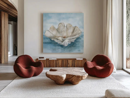 Coastal Calm IV by Leslie Trimbach. Shown as extra-large giant wall art in a modern living room. Available as an archival giclee rolled canvas, fine art paper, or poster print. SKU 102015a.