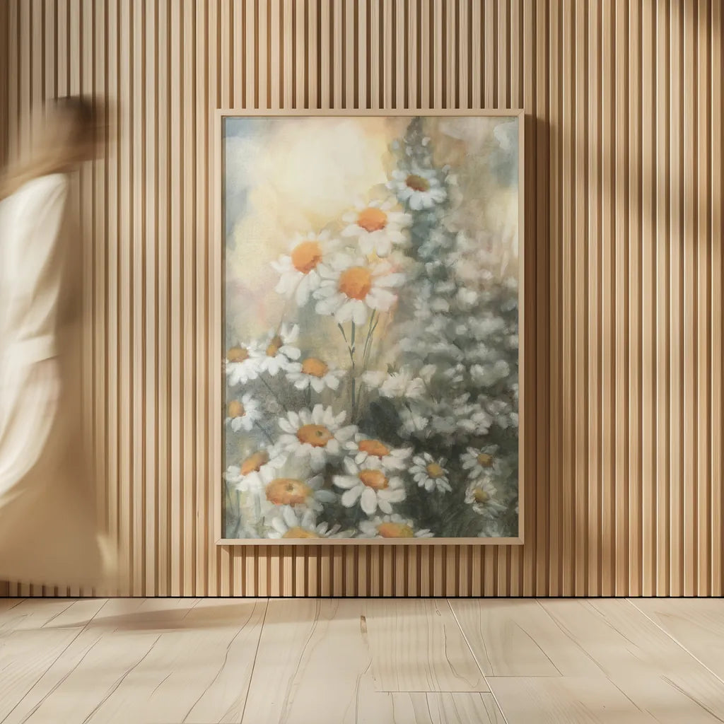 Daisy Dreams by Leslie Trimbach. shown as over sized large wall art. Available as an archival giclee rolled canvas, fine art paper, or poster print. SKU 92798h.