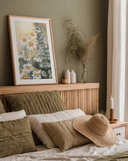 Daisy Dreams by Leslie Trimbach. shown as a paper print in a natural frame. Available as a archival giclee rolled canvas, fine art paper, or poster print. SKU 92798h.