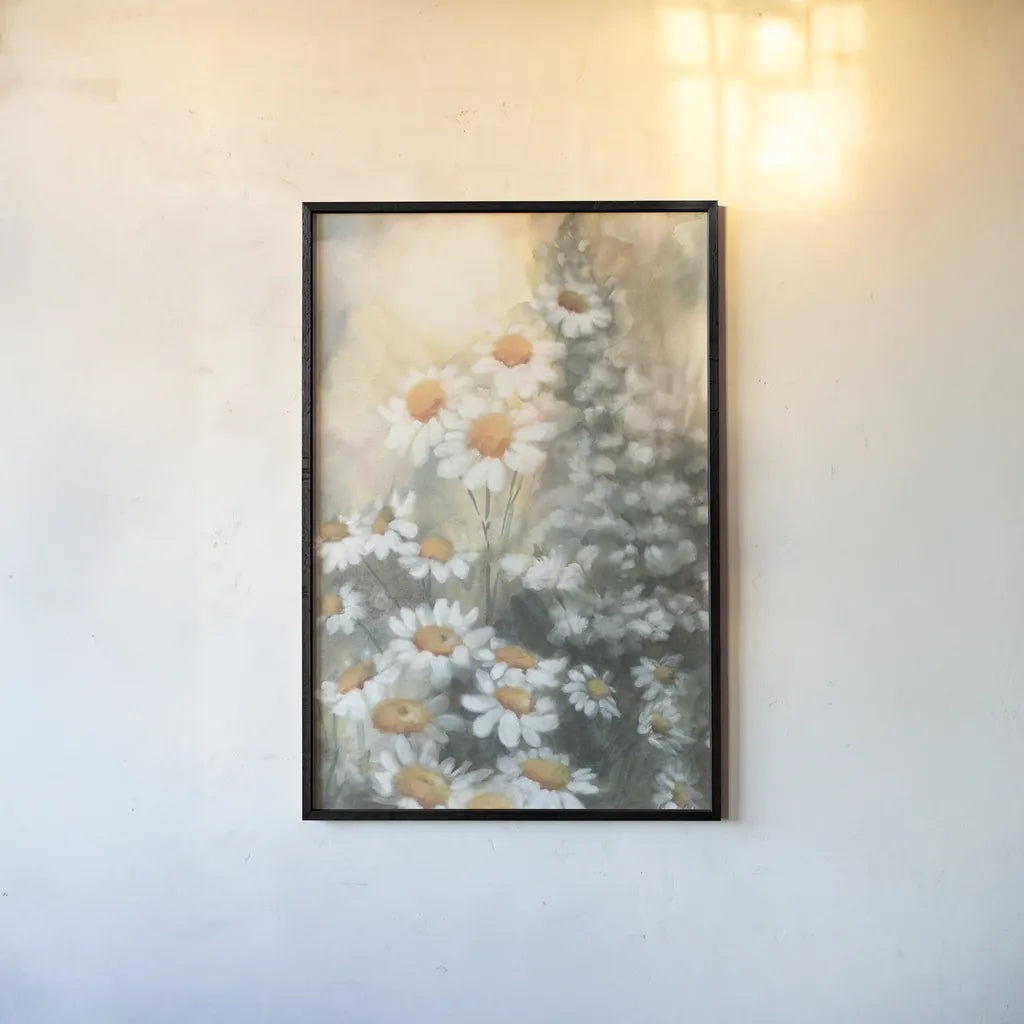 Daisy Dreams by Leslie Trimbach. shown as a paper print in a black flame. Available as a archival giclee rolled canvas, fine art paper, or poster print. SKU 92798h.