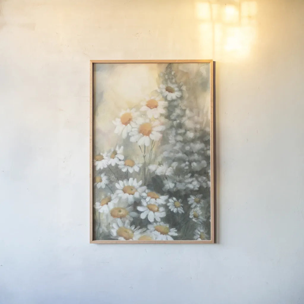 Daisy Dreams by Leslie Trimbach. shown as a paper print in a natural frame. Available as a archival giclee rolled canvas, fine art paper, or poster print. SKU 92798h.