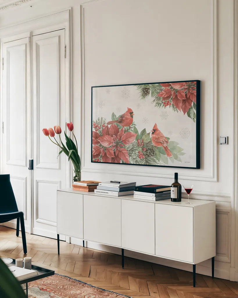 Feathered Festivities I by Leslie Trimbach. shown as a framed stretched canvas in a living room above a console. Available as a archival giclee rolled canvas, fine art paper, or poster print. SKU 89074i.