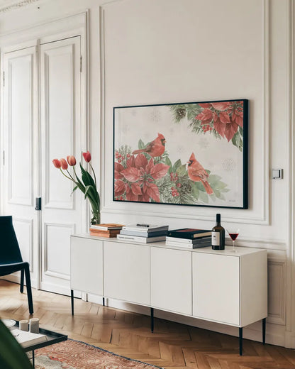 Feathered Festivities I by Leslie Trimbach. shown as a framed stretched canvas in a living room above a console. Available as a archival giclee rolled canvas, fine art paper, or poster print. SKU 89074i.