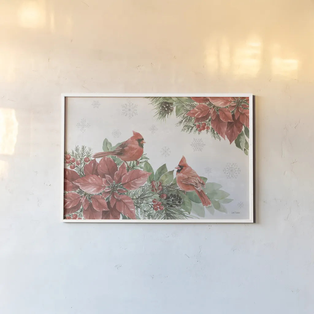 Feathered Festivities I by Leslie Trimbach. shown as a paper print in a white frame. Available as a archival giclee rolled canvas, fine art paper, or poster print. SKU 89074i.