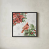 Feathered Festivities II by Leslie Trimbach. Shown in a sleek black glass frame for a contemporary gallery look. Available as an archival giclee rolled canvas, fine art paper, or poster print. SKU 89075a.