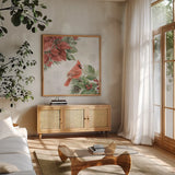 Feathered Festivities II by Leslie Trimbach. Shown in a natural wood frame in a cozy modern living room. Available as an archival giclee rolled canvas, fine art paper, or poster print. SKU 89075a.