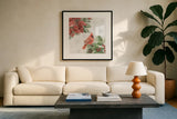 Feathered Festivities II by Leslie Trimbach. Displayed in a glass frame with matte in a clean modern living room. Available as an archival giclee rolled canvas, fine art paper, or poster print. SKU 89075a.