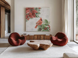 Feathered Festivities II by Leslie Trimbach. Shown as extra-large giant wall art in a modern living room. Available as an archival giclee rolled canvas, fine art paper, or poster print. SKU 89075a.