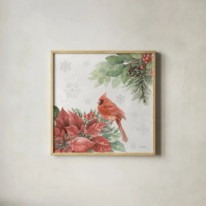 Feathered Festivities III by Leslie Trimbach. Shown in a natural wood glass frame for a timeless modern aesthetic. Available as an archival giclee rolled canvas, fine art paper, or poster print. SKU 89076a.