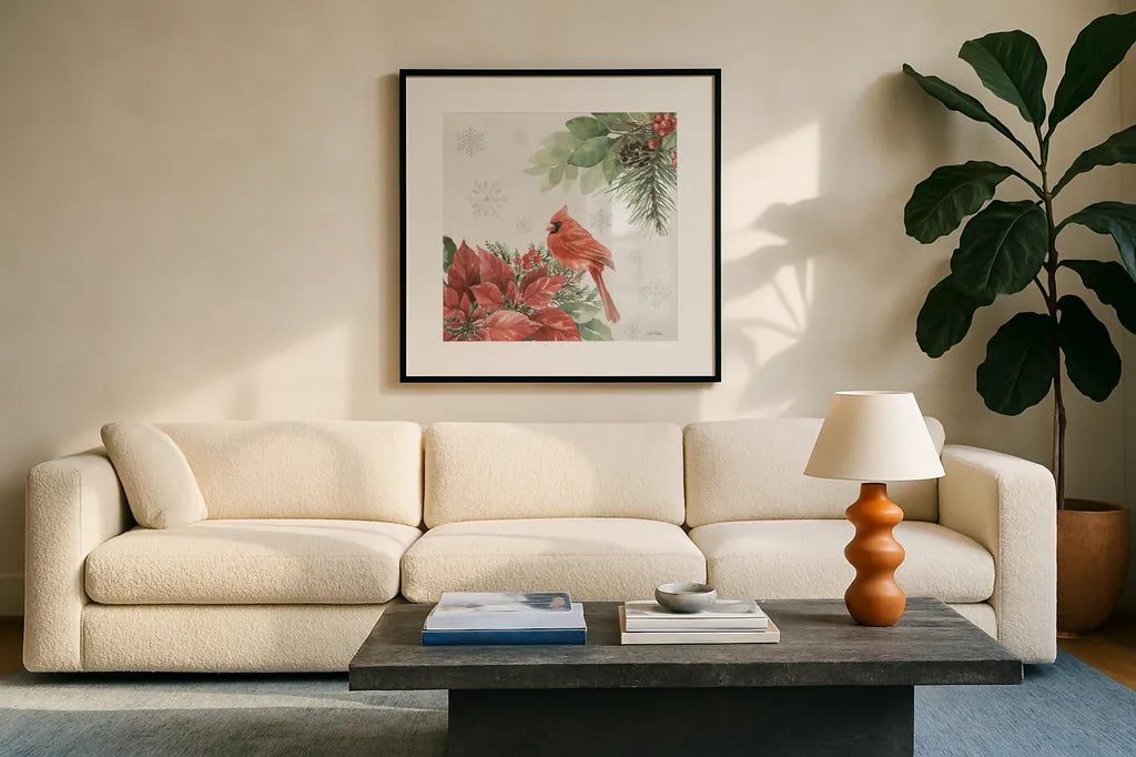 Feathered Festivities III by Leslie Trimbach. Displayed in a glass frame with matte in a clean modern living room. Available as an archival giclee rolled canvas, fine art paper, or poster print. SKU 89076a.