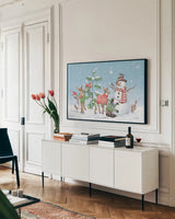 Festive Friends I by Leslie Trimbach. shown as a framed stretched canvas in a living room above a console. Available as a archival giclee rolled canvas, fine art paper, or poster print. SKU 86979i.