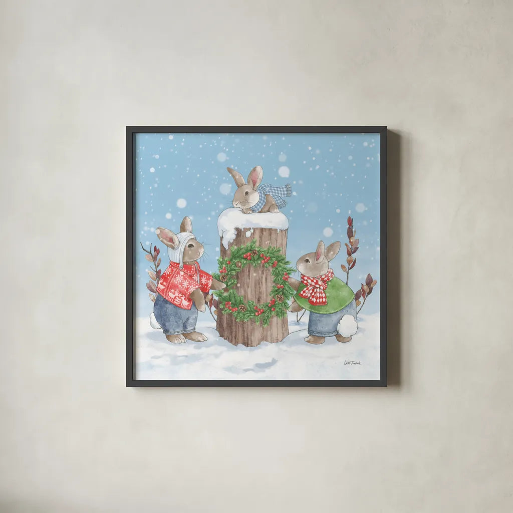 Festive Friends II by Leslie Trimbach. Shown in a sleek black glass frame for a contemporary gallery look. Available as an archival giclee rolled canvas, fine art paper, or poster print. SKU 86980a.
