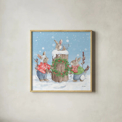 Festive Friends II by Leslie Trimbach. Shown in a natural wood glass frame for a timeless modern aesthetic. Available as an archival giclee rolled canvas, fine art paper, or poster print. SKU 86980a.