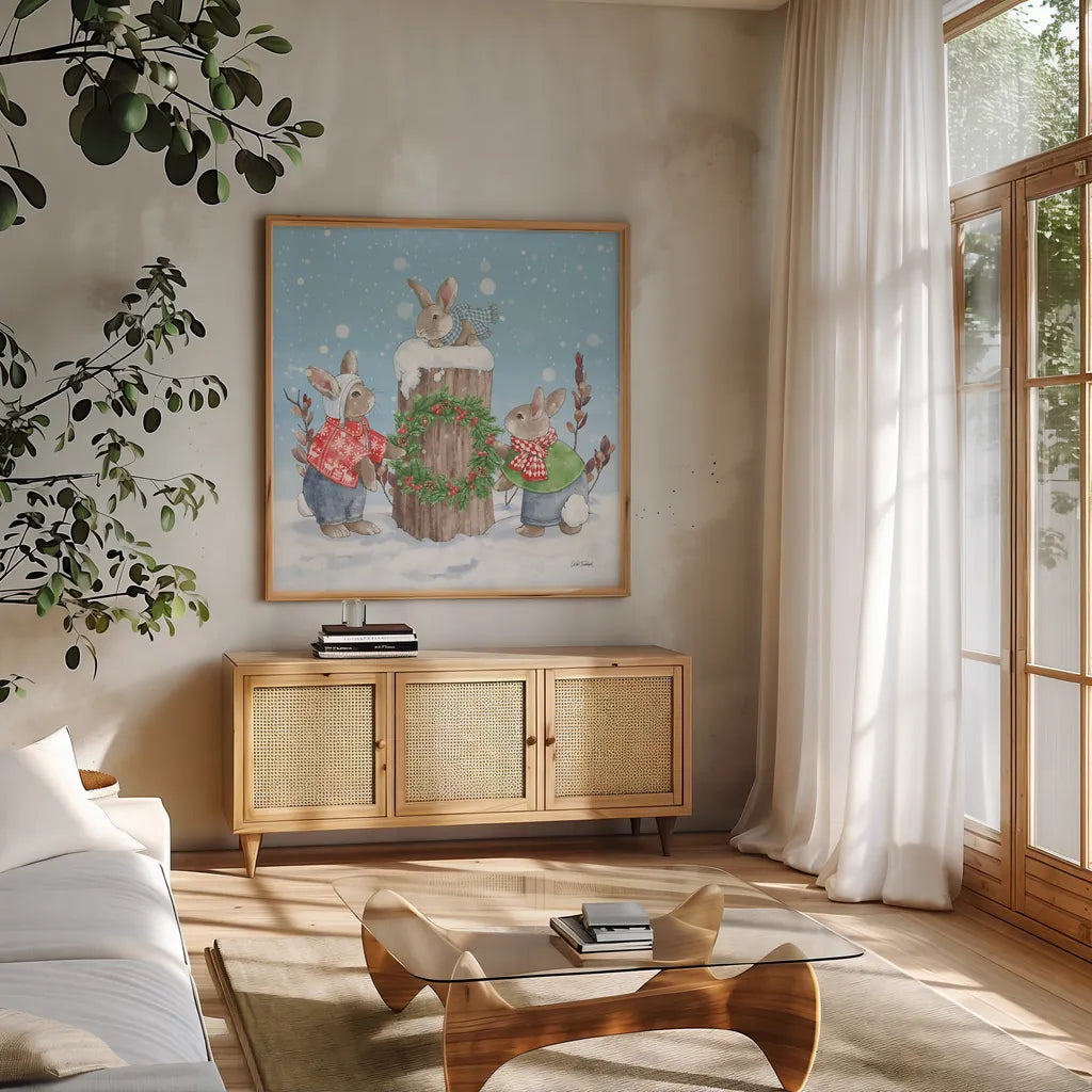 Festive Friends II by Leslie Trimbach. Shown in a natural wood frame in a cozy modern living room. Available as an archival giclee rolled canvas, fine art paper, or poster print. SKU 86980a.